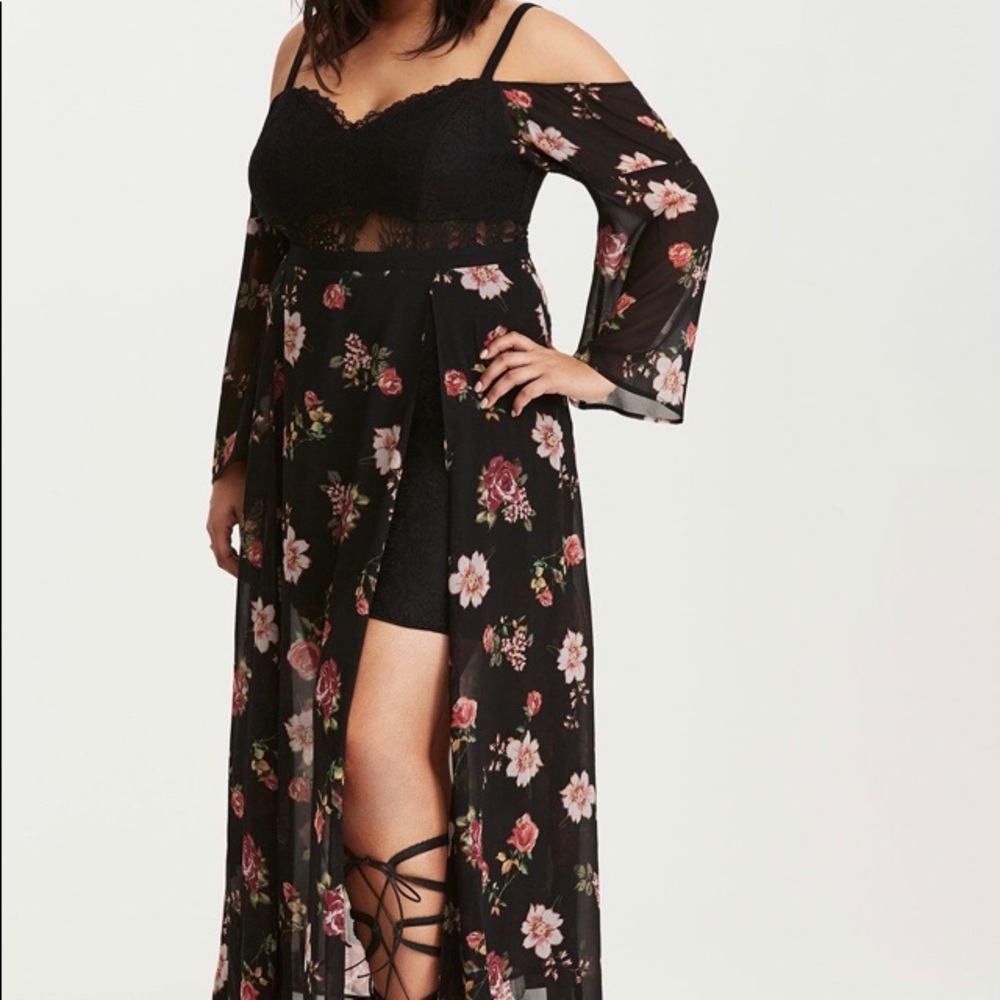Floral Print Cold Shoulder Lace Bustier Maxi Dress